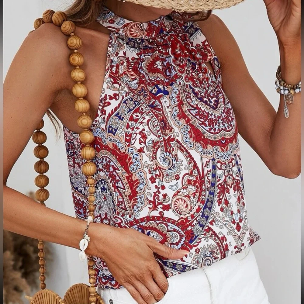 Boho Paisley Print Halter Tank Top Blouse Shirt - Picture 4 of 5